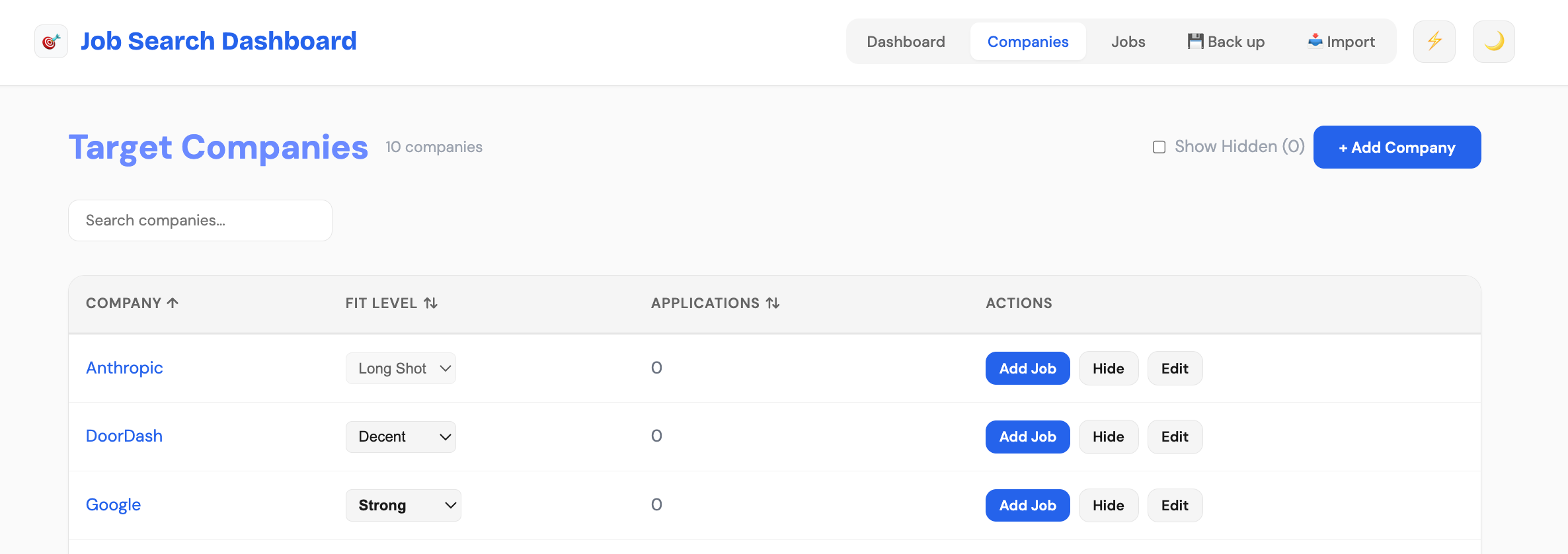 Screenshot of the Target Companies view