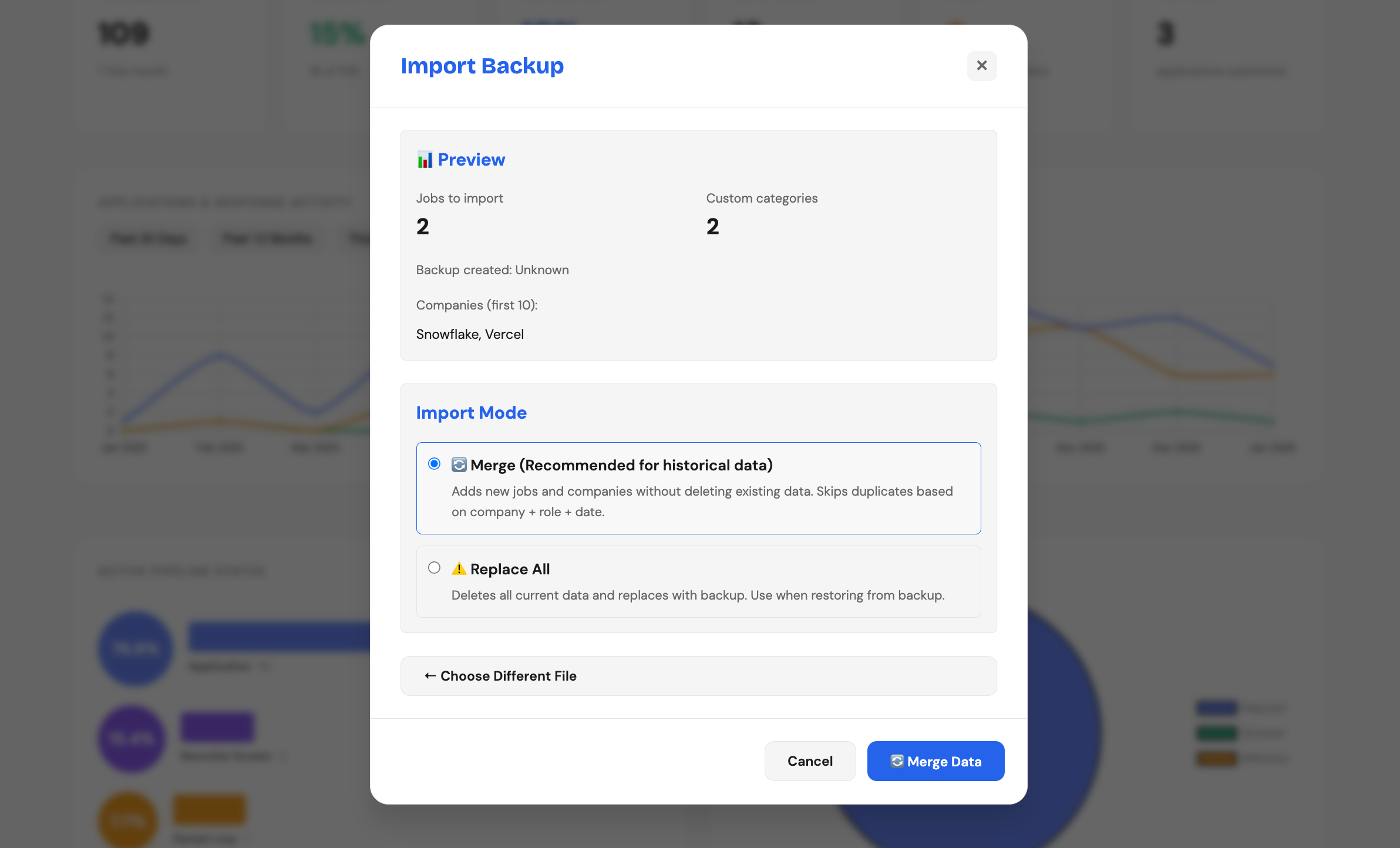 Screenshot of the import modal