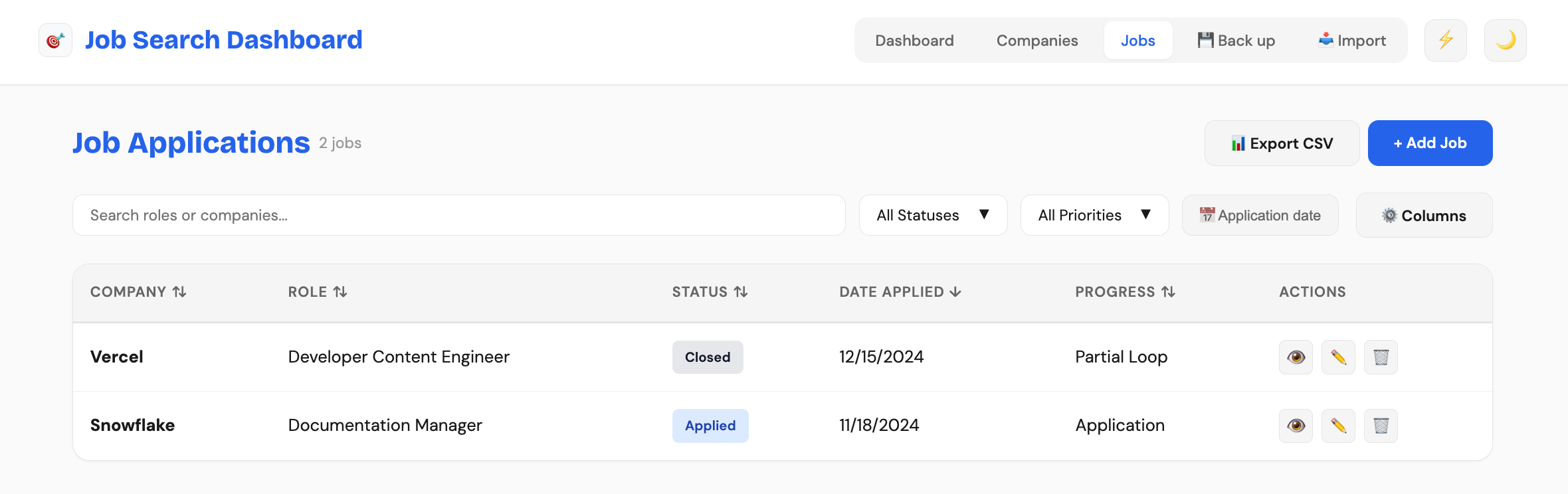 Screenshot of the Job Applications view